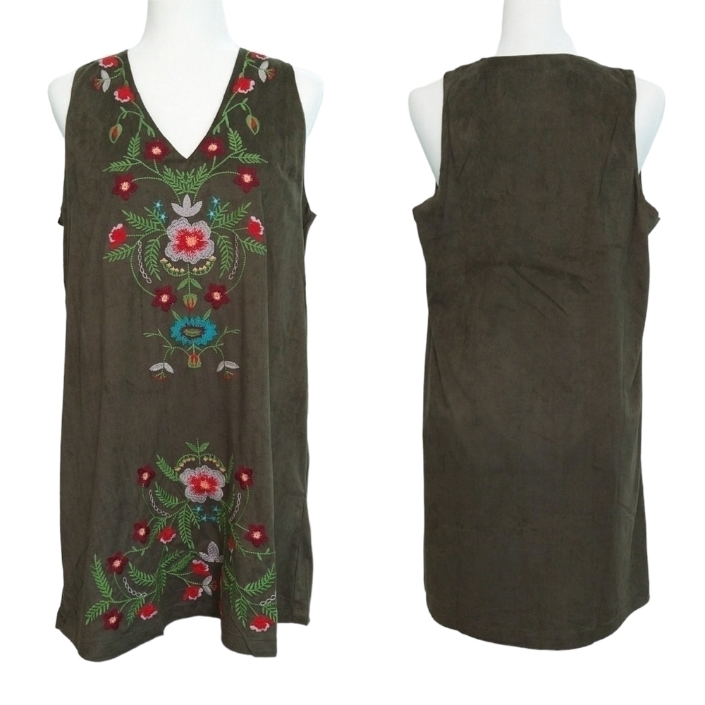 Umgee NWT Faux Suede Floral Embroidered Shift Mini Dress Olive Green Boho